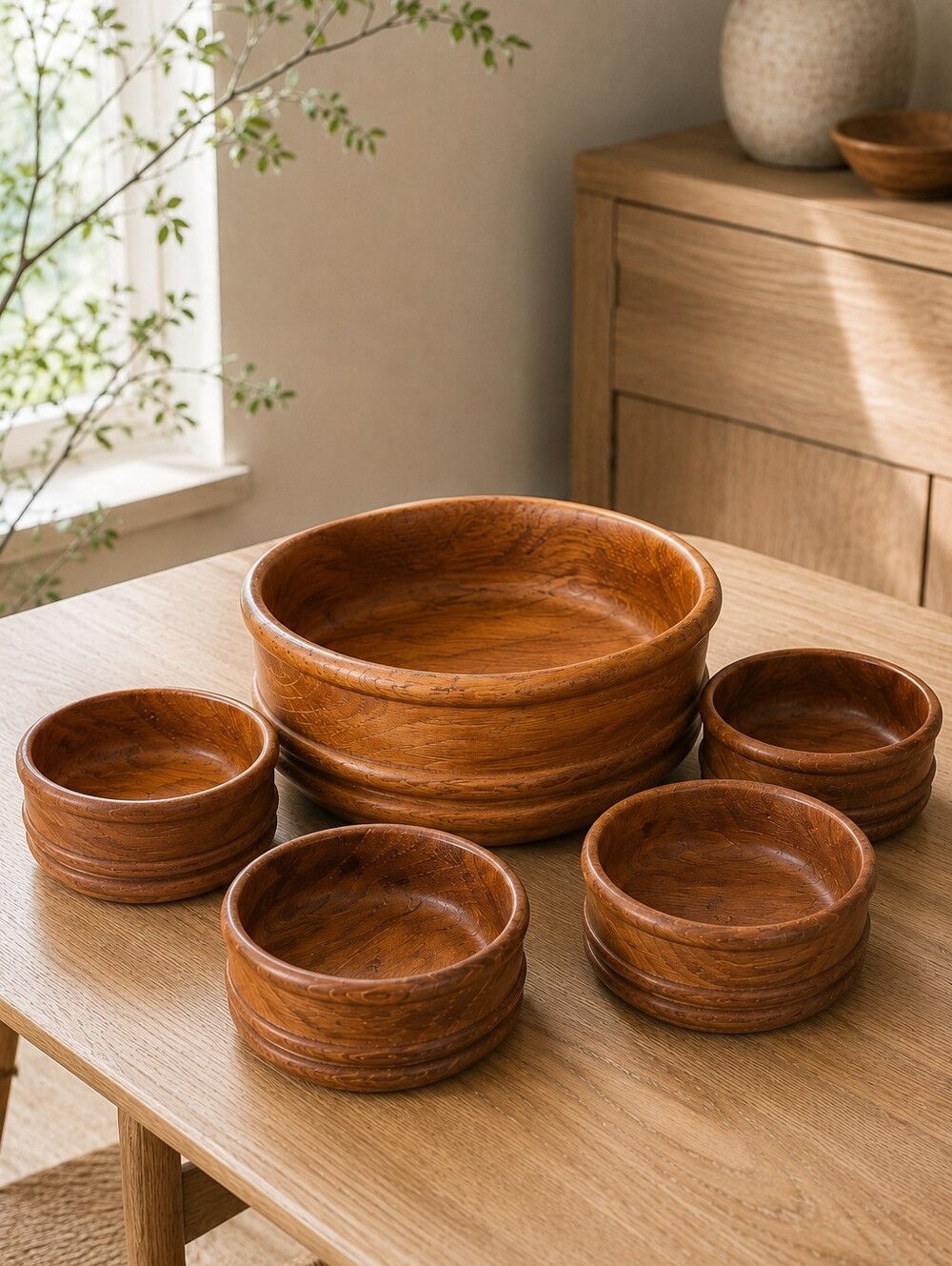 Vintage Genuine Teak Wood Salad Bowl Set 5pc Made in Thailand